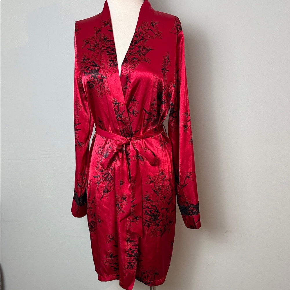 APT 9 Red Floral Women's Satin Kimono Robe ~ Medium